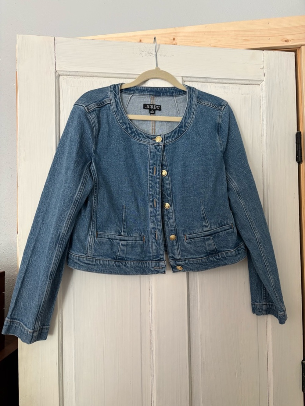 J. Crew Light Blue Cropped Round-Neck Denim lady Jacket